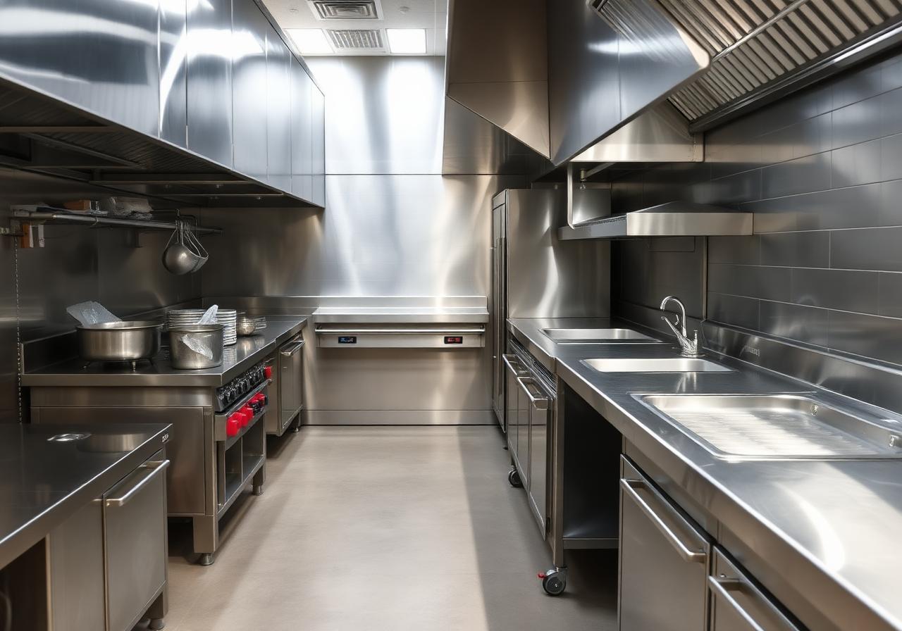 A spotless, freshly cleaned commercial kitchen